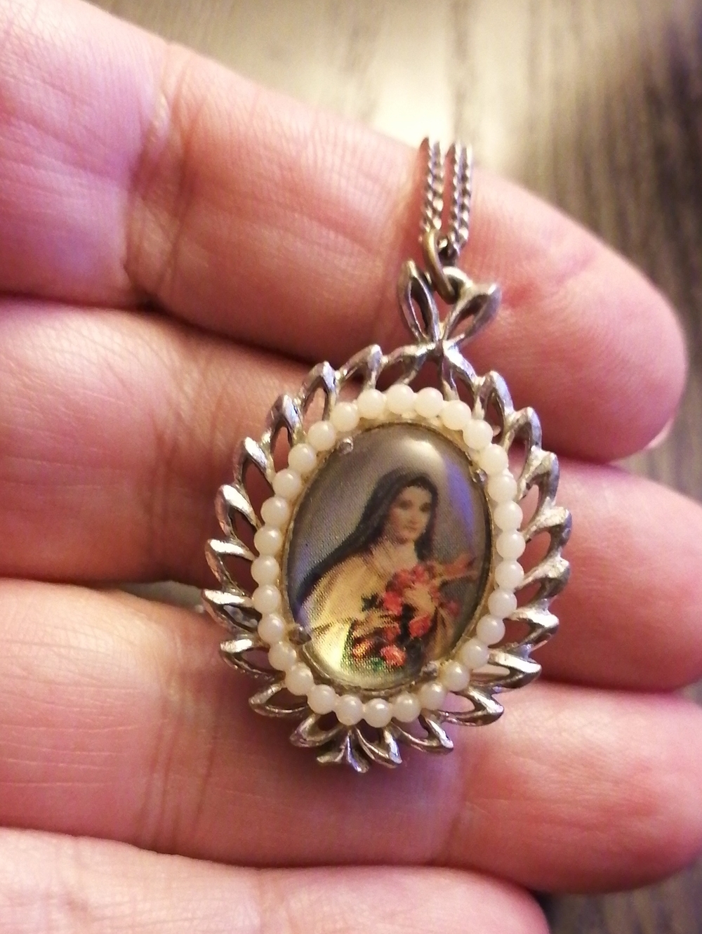 Vergin Mary And Jesus Vintage Double Sided Pendant On 17.5" Long